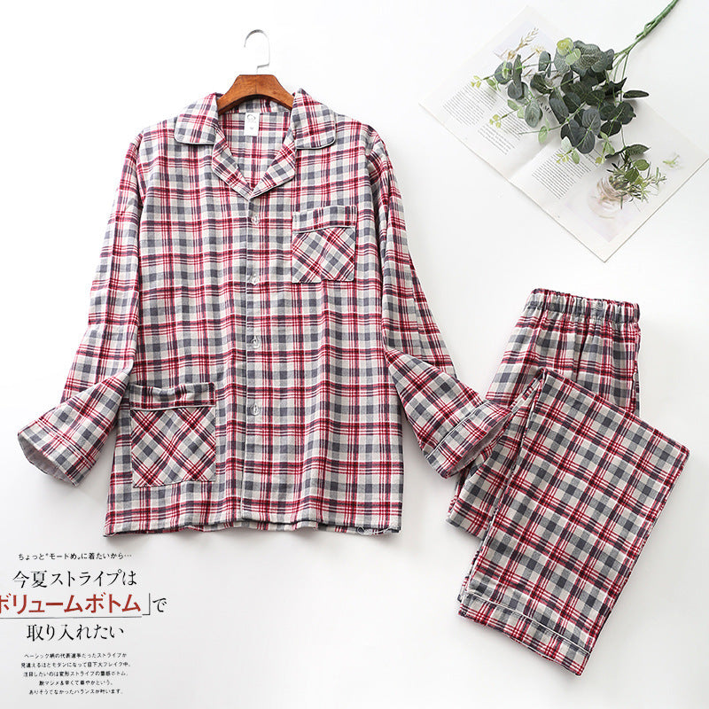Spring Autumn Winter Long-sleeved Men's Trousers Pajama Set Suits Brushed Cloth Cotton Plaid