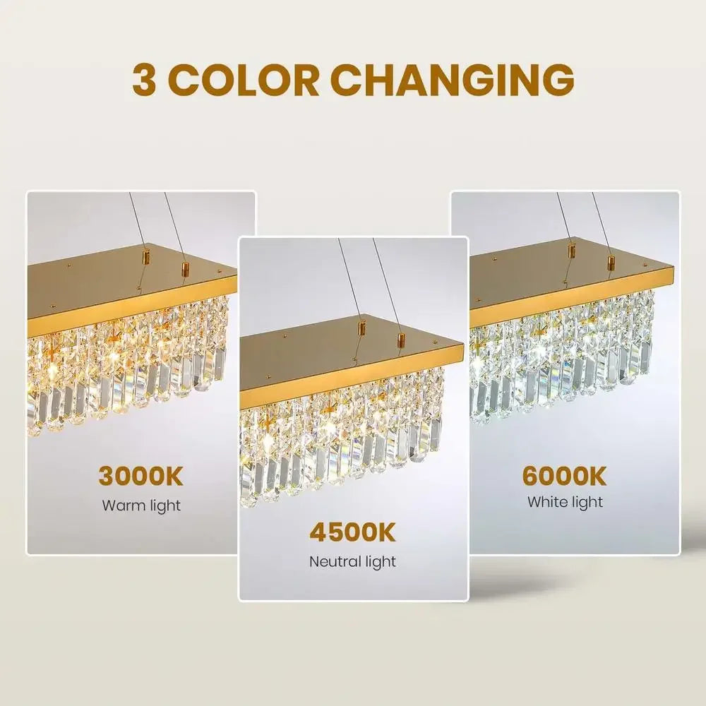 Modern Rectangular Gold Crystal Chandelier Pendant Light Fixture Dining Kitchen Island E12 Bulb 8-Light Adjustable Chain