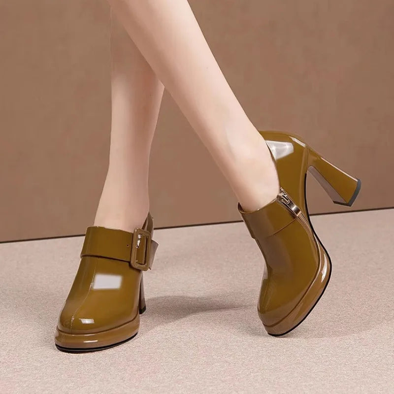 New Black Round Head Thick High Heel Women Pump Shoes