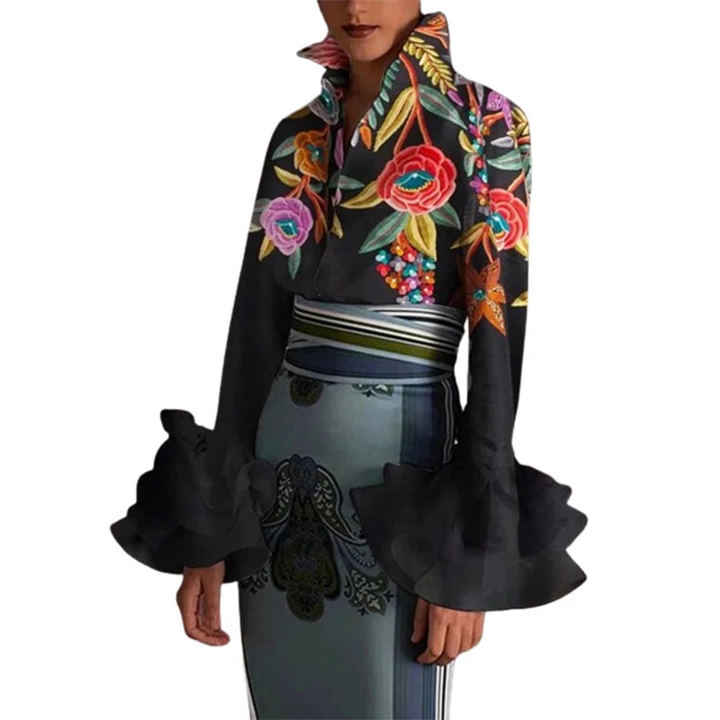 Elegant Women's Flared Sleeves Blouse Urban Printed for Woman