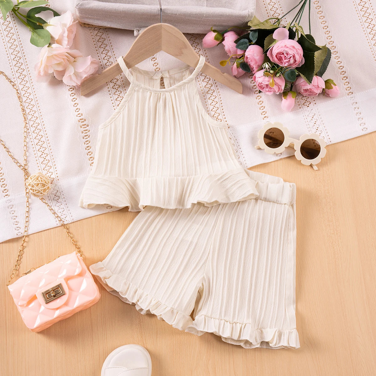 Summer Fashion Sleeveless Ruffle Tank Top & Shorts Solid Two-Piece Outfit Toddler Girl Set