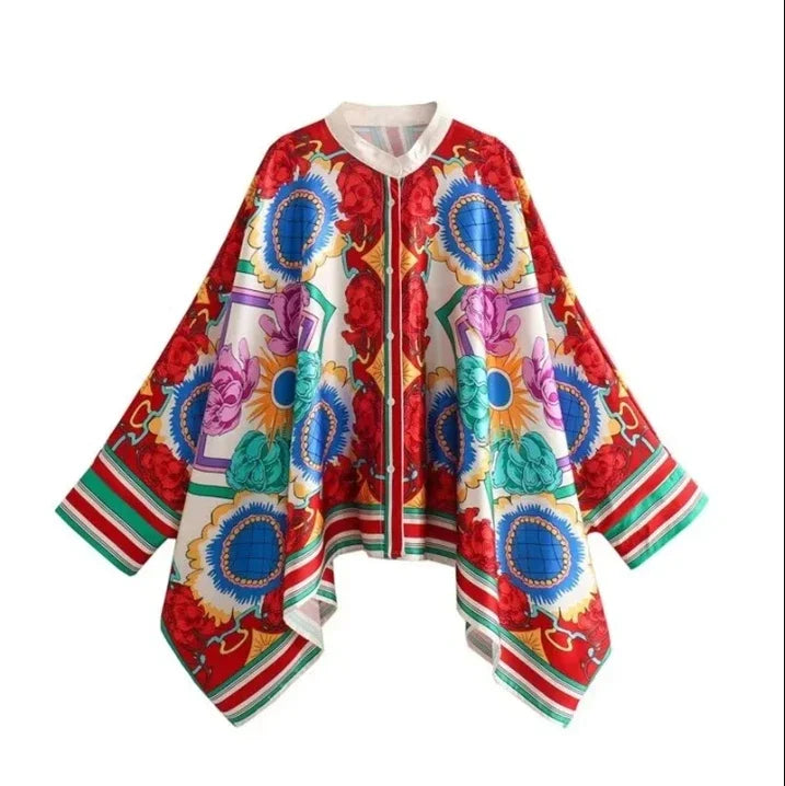 Spring Stylish Women Sleeves Flower Print Stand Collar Blouse