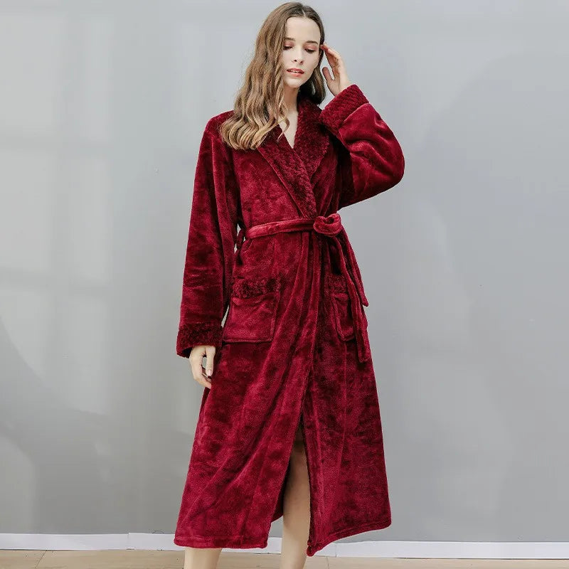 Unisex Autumn/Winter Warm Long Coral Velvet Thick Couple Bath Bathrobes