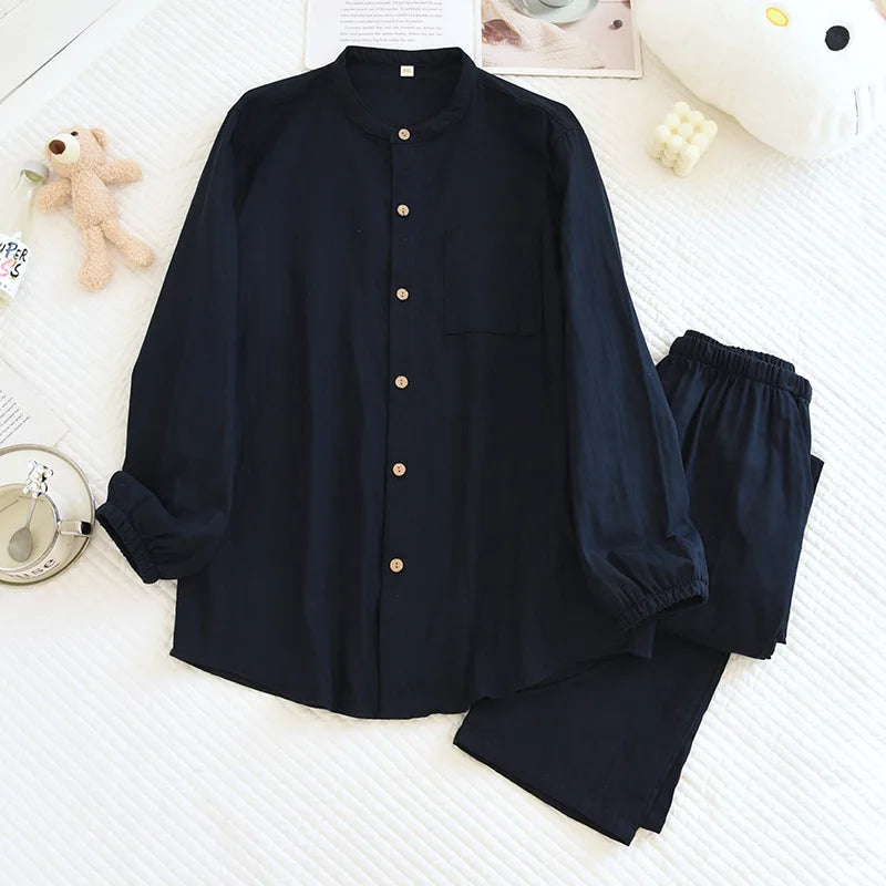 Spring/Summer Women Men Pajama Set 100% Cotton Long Sleeve Long & Pants Two Piece