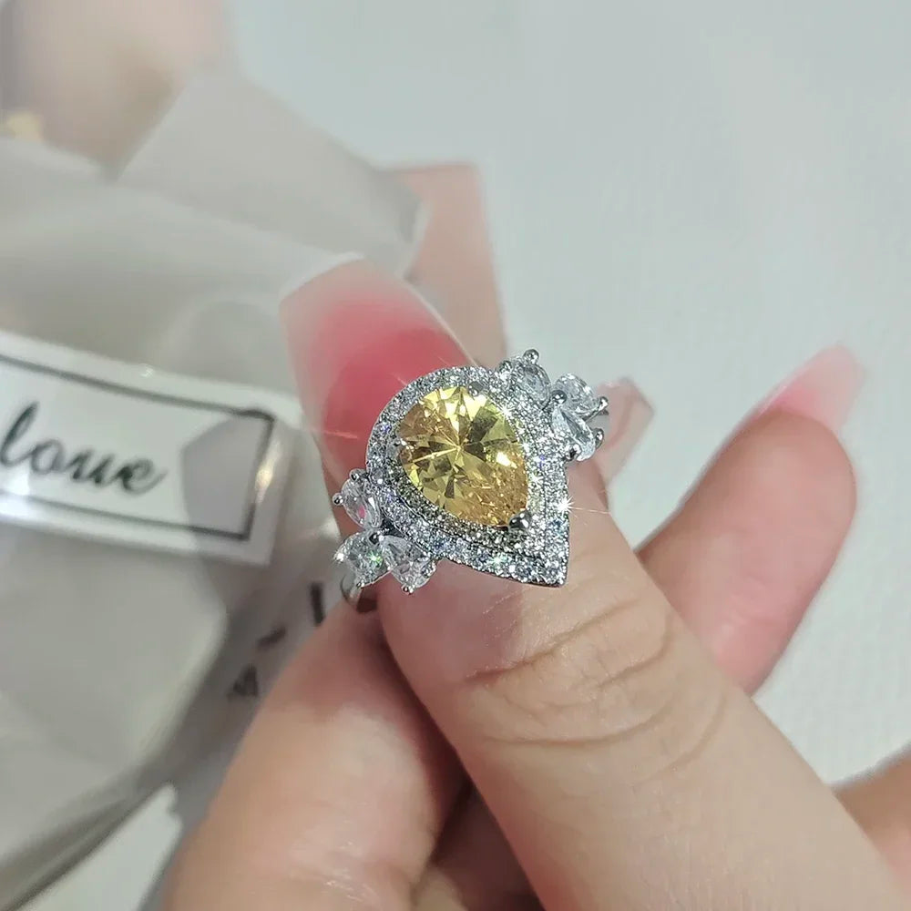 Fashion Luxury Ring Water Drop Pearl Shape Yellow color Zircon