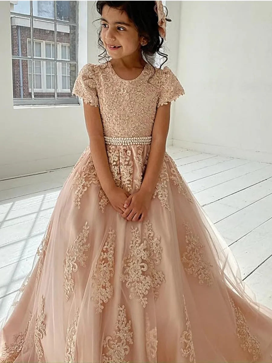 Flower Girl Princess Dresses for Wedding Pageant With Bow-knot Beaded Appliques Long Train Party Gowns