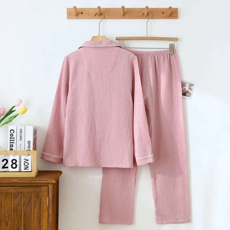 Spring and Autumn Couple Pajamas Set 100%Cotton Crepe Long Sleeve Pants Two Piece Men's and Women's Large Size