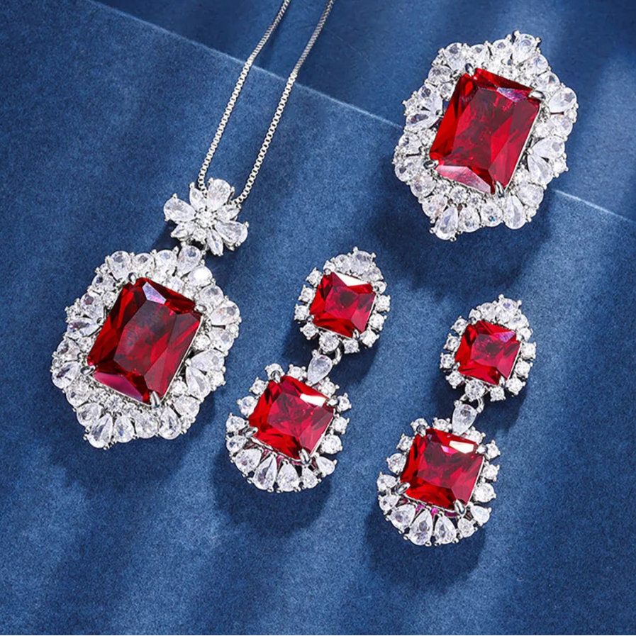 Ruby Necklace Pendant Rings Dangle Earrings Lab Diamond Fine Jewelry Sets