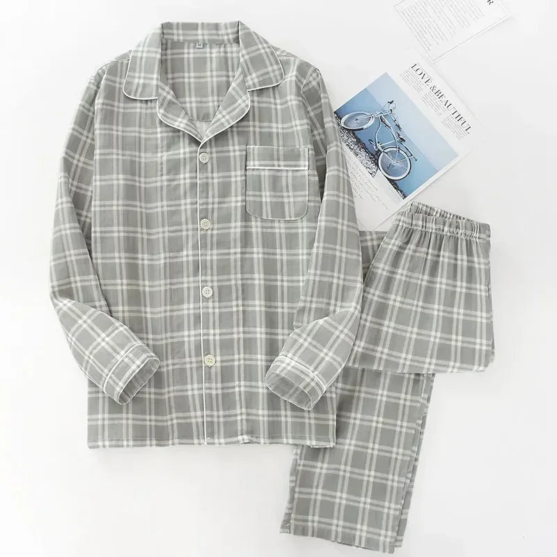 Men's Pajamas Sets Long-sleeved Cardigan Tops and Trousers 100% Cotton Double Gauze Lattice Sleepwear