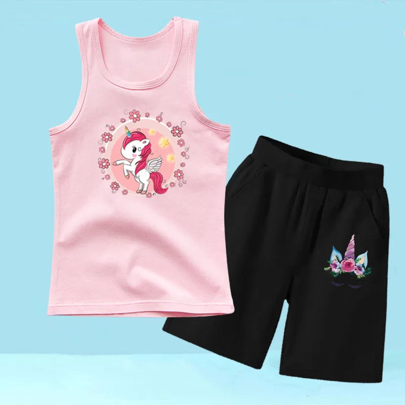 Summer Girls 2PCS Vest Set Perfume Bottle Print Sleeveless Top and Shorts
