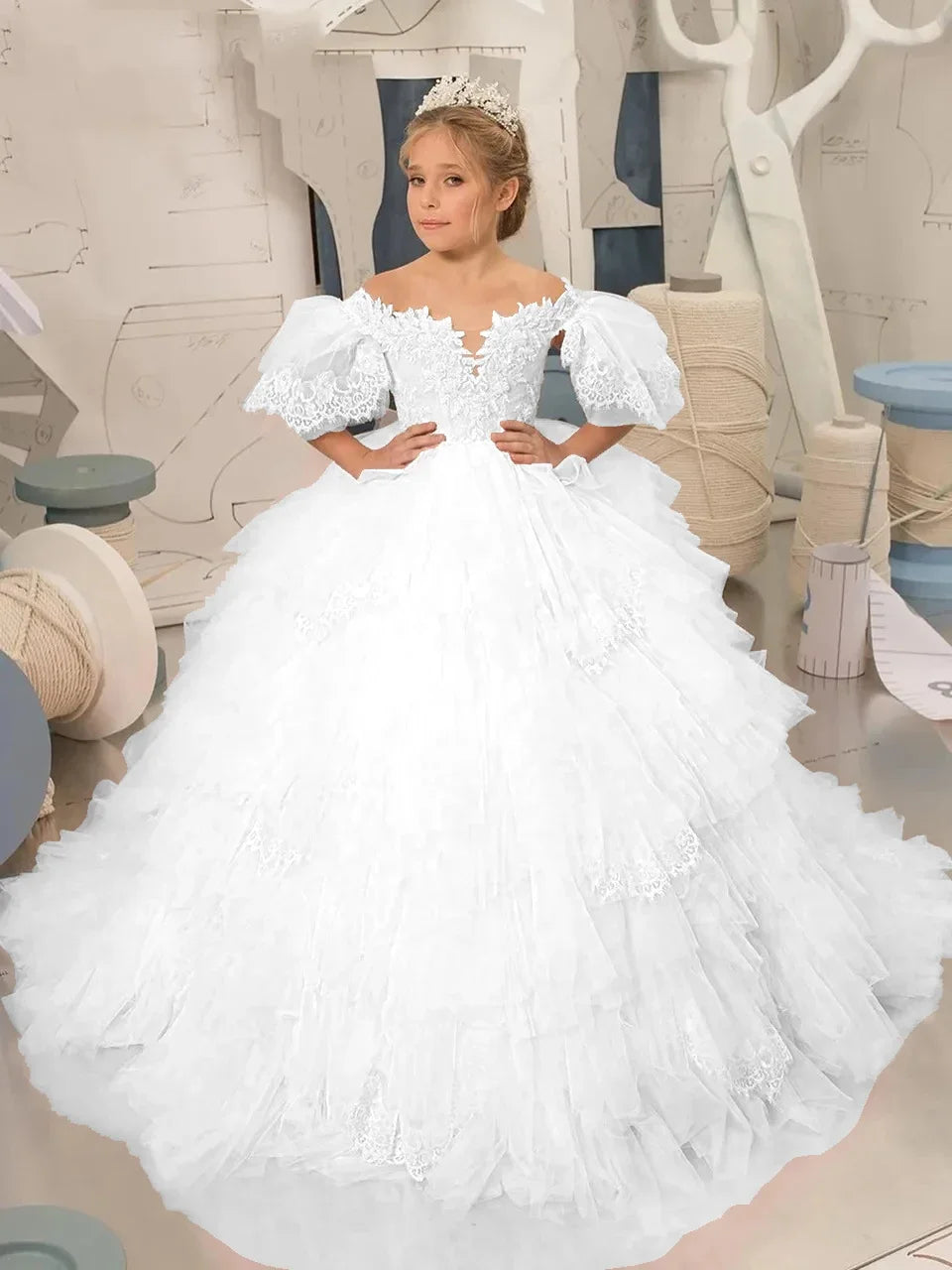 Elegant Puffy Sleeves Flower Girl Dresses for Wedding Robe A-Line First Communion Pageant Party Gowns