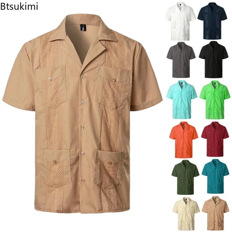 Men's Cuban Shirts Multiple Pockets Lapel Short Sleeves Cardigan