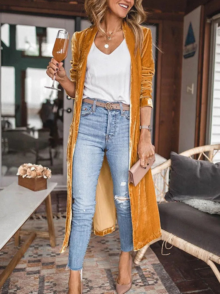 Women Solid Long Sleeve Velvet Jacket With Pockets