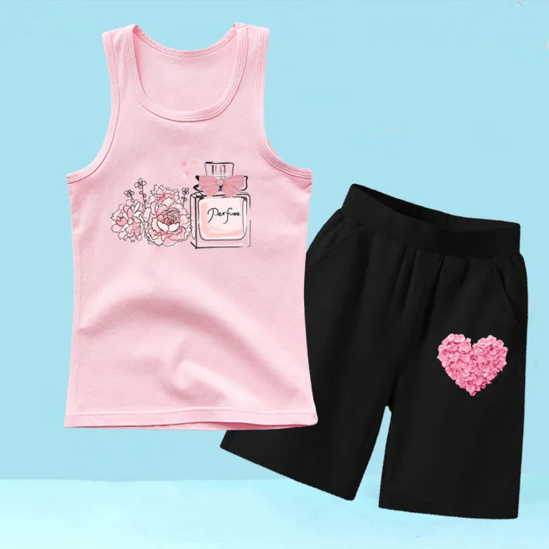 Summer Girls 2PCS Vest Set Perfume Bottle Print Sleeveless Top and Shorts