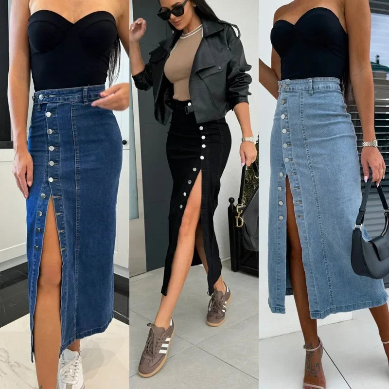 Women's Buttons Split Half-body Denim Skirt High Waist Slim Hip