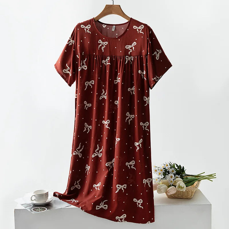 Summer Women Nightgown Short Sleeve Round Neck