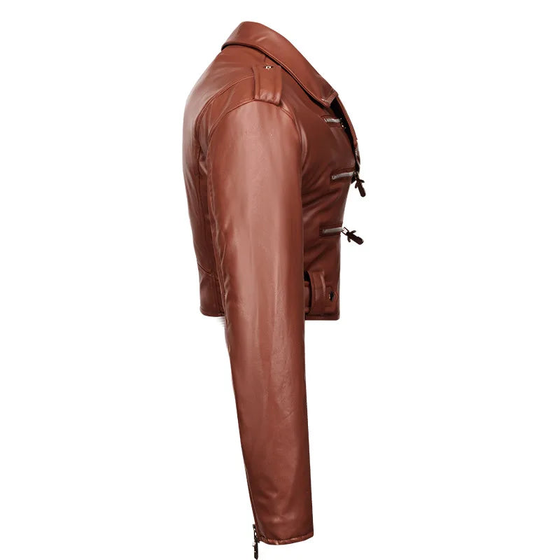 Women slim short PU leather jacket plus cotton high waist long sleeve lapel