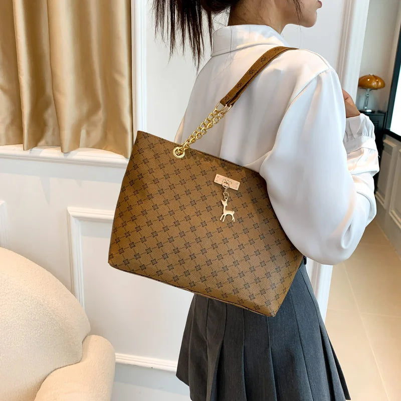 Women Soft Leather Large Capacity Tote Handbag With Hanging Accessories Shoulder Bag