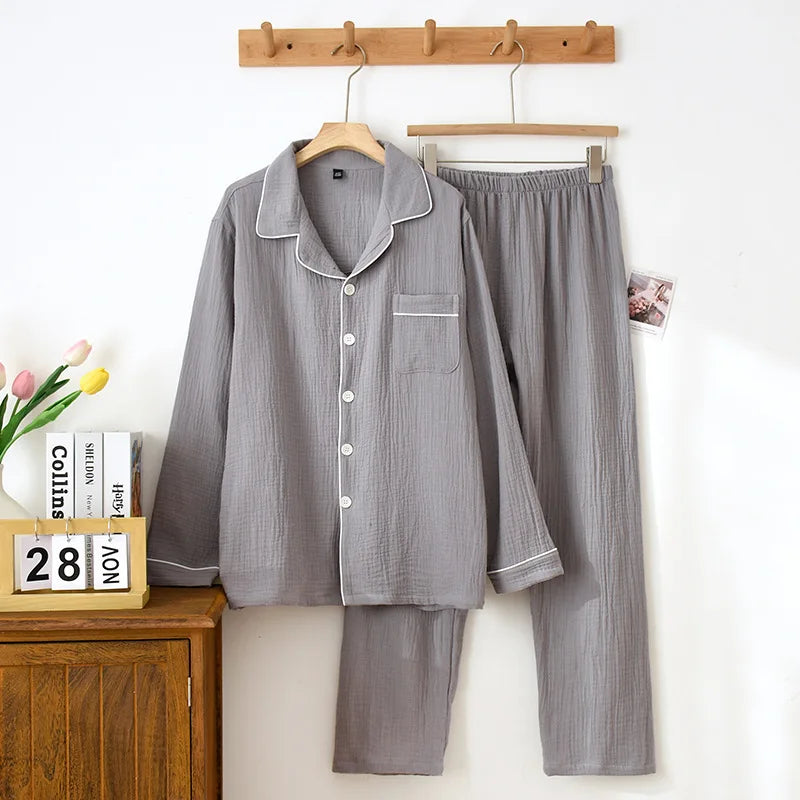 Spring and Autumn Couple Pajamas Set 100%Cotton Crepe Long Sleeve Pants Two Piece Men's and Women's Large Size
