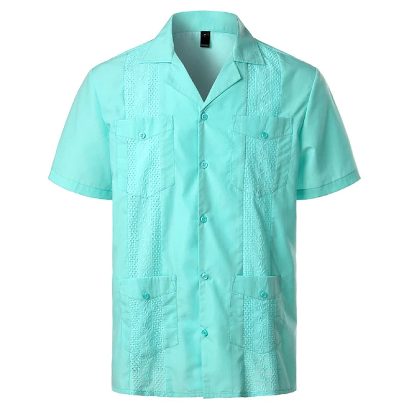 Men's Traditional Cuban Collar Guayabera Shirts Short Sleeve Embroidered w 4 Pockets