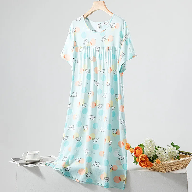 Summer Women Nightgown Short Sleeve Round Neck