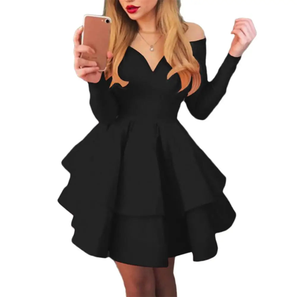 Elegant Women Long Sleeve V Neck Off Shoulder Swing Ruffled Hem Mini Dress