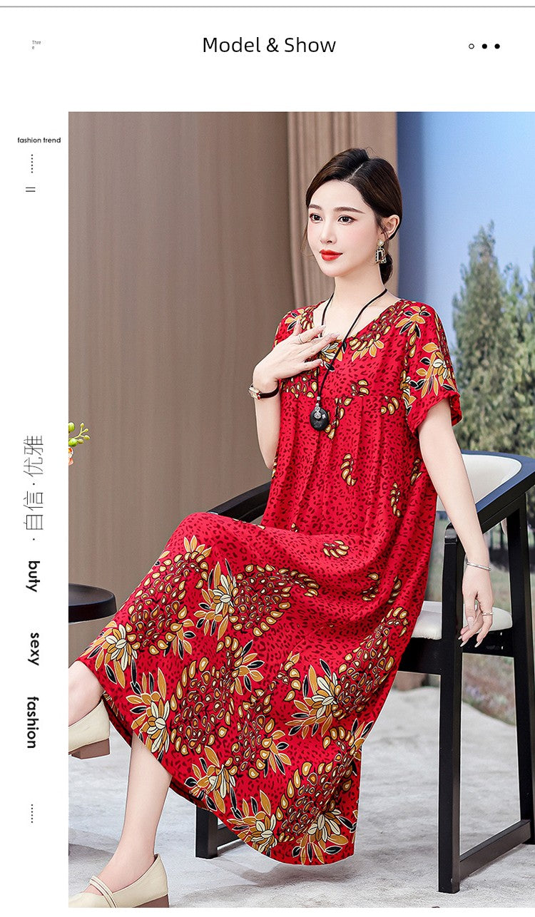 Noble over-the-Knee Middle-Aged Ladieswear Large Swing Noil Poplin Dress