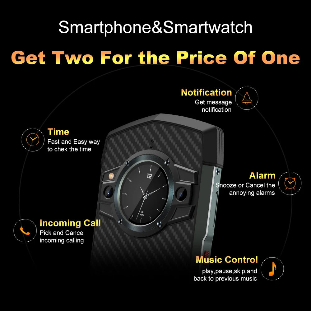 Unihertz Tick Tock 5G Rugged Smartphone with 128GB Storage, 48MP Camera, 6000mAh Battery, and Dual-Screen Design. IP68 Waterproof