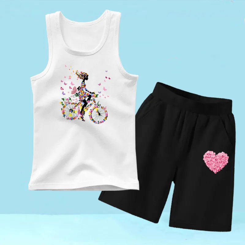 Summer Girls 2PCS Vest Set Perfume Bottle Print Sleeveless Top and Shorts