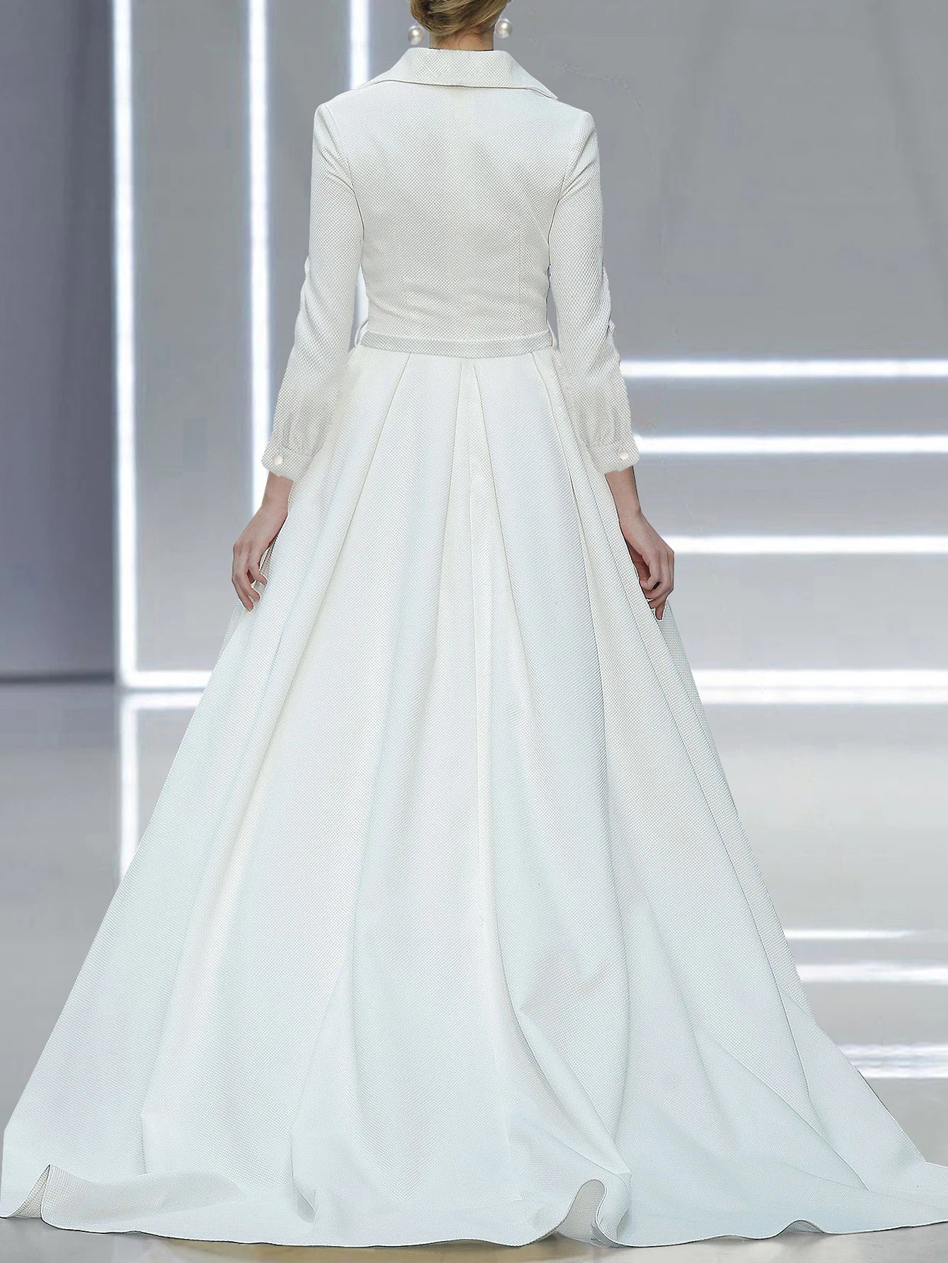 Elegant Women Wedding Guest Long Dress Long Sleeve Stand Collar White A-Line Pleated with Belt