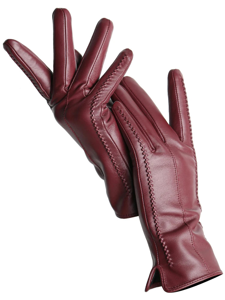 Women's Leather winter warm gloves with velvet thin touch screen