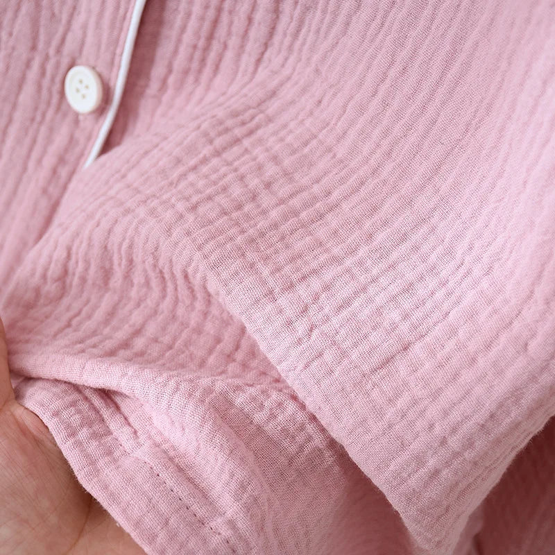 Spring and Autumn Couple Pajamas Set 100%Cotton Crepe Long Sleeve Pants Two Piece Men's and Women's Large Size