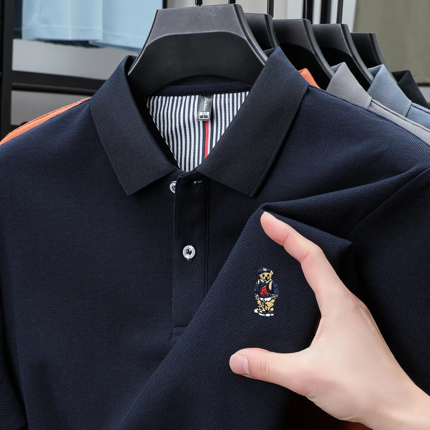 100% cotton high-end brand men short sleeve polo shirt cartoon bear embroidery comfort texture skin friendly breathable T-shirt