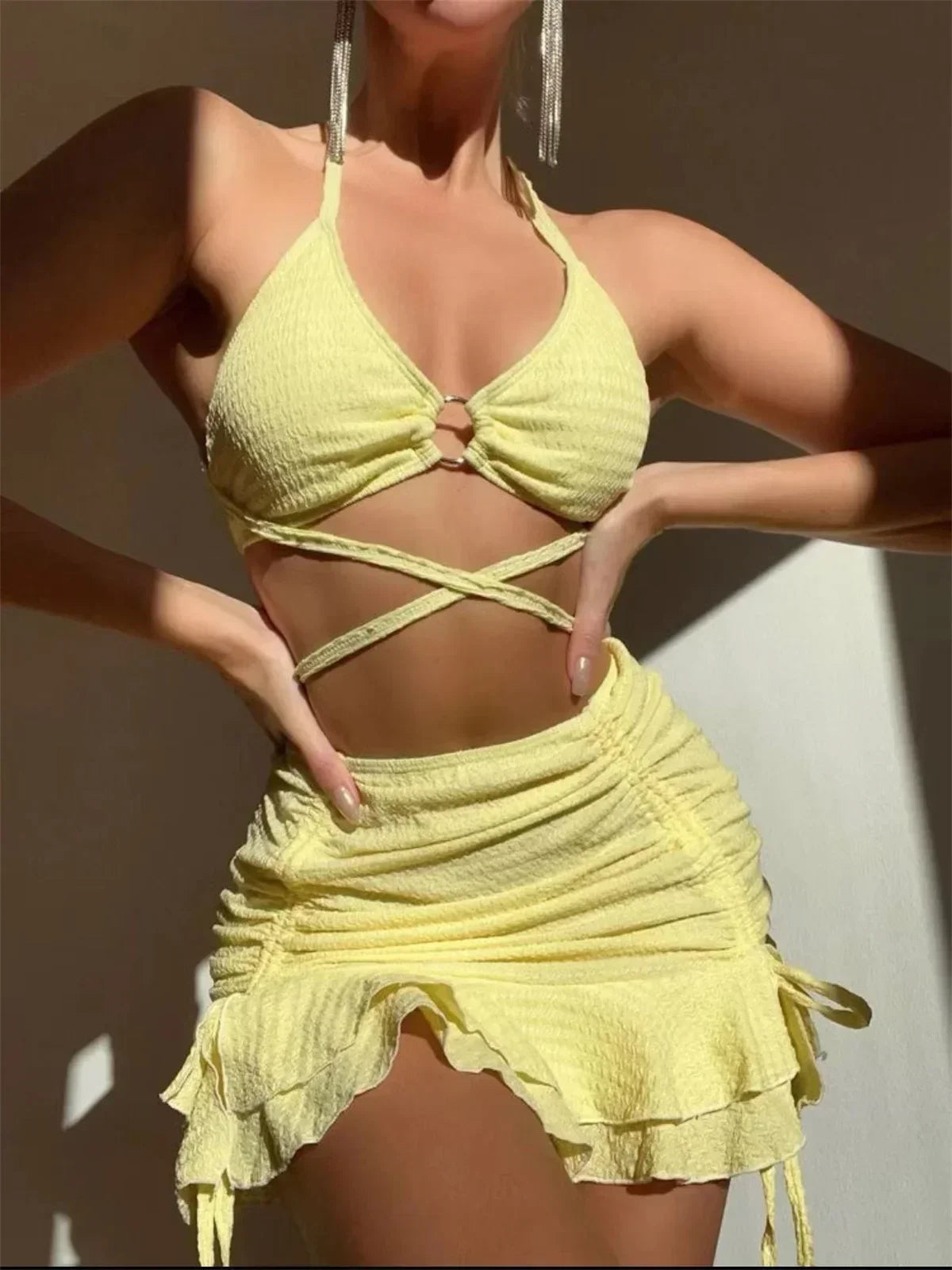 Women's Solid 3 Piece Swimsuit Halter Ring Linked Criss Cross Cover Up Ruffle Skirt