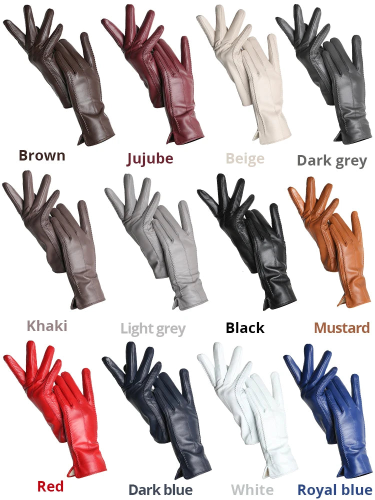 Women's Leather winter warm gloves with velvet thin touch screen