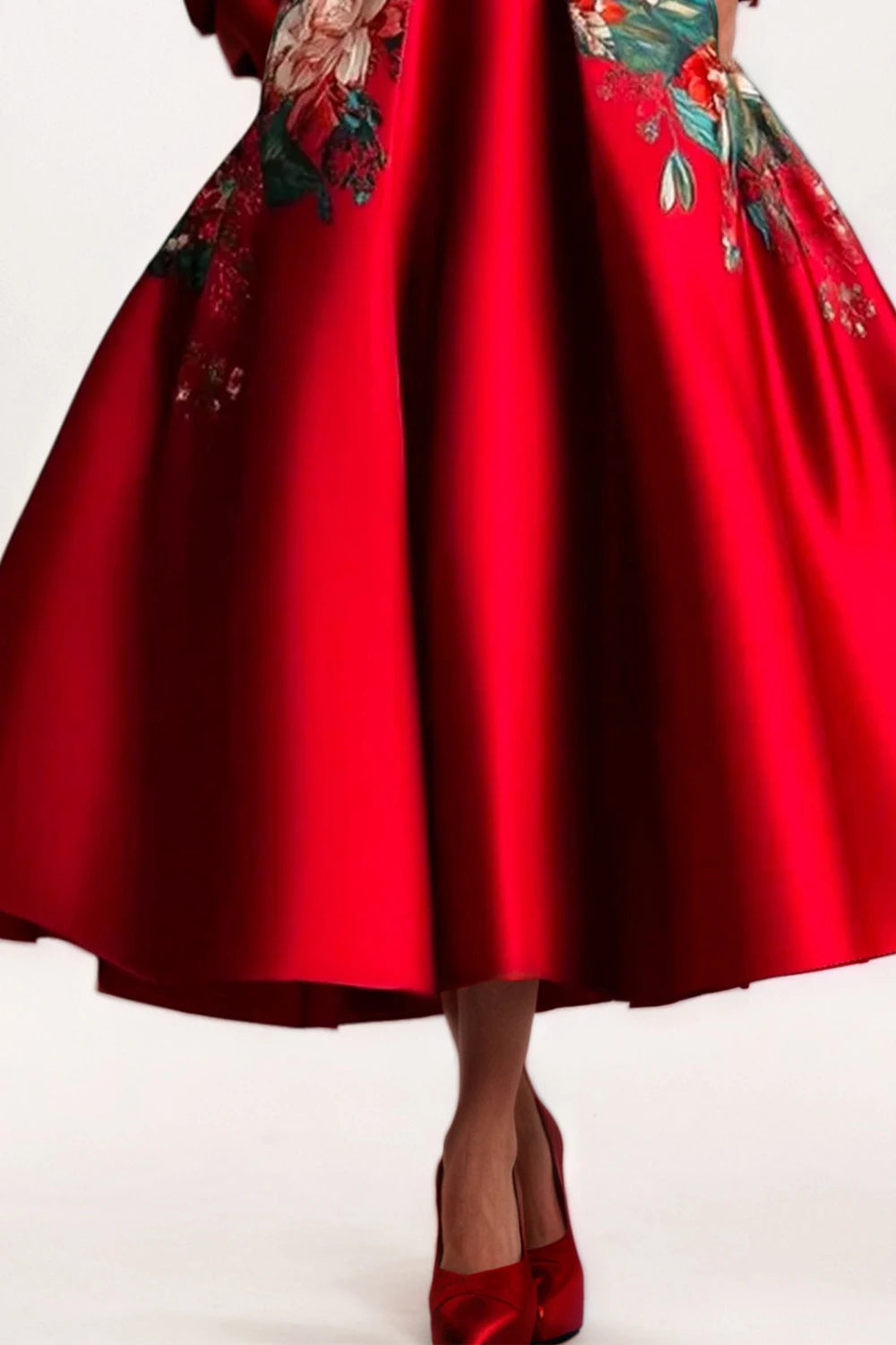 Women Elegant Satin A-Line Long Sleeve Round Neck Floral Printed Pockets Dress