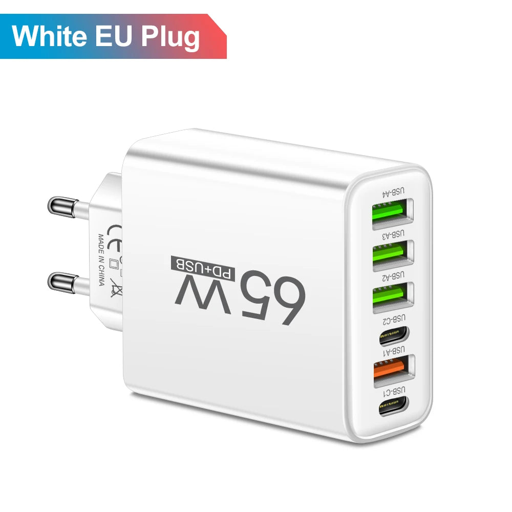 65W 6 in 1 4 USB 2 Type C Quick Charging Fast Wall Charger For iPhone Samsung Xiaomi Huawei Oppo Mobile Phone Adapter