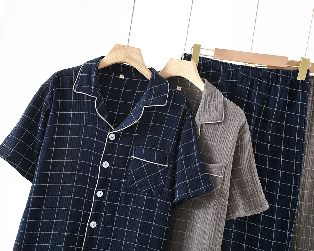 100% Cotton Summer Men Pajamas Japanese style 2 Piece Sleepwear