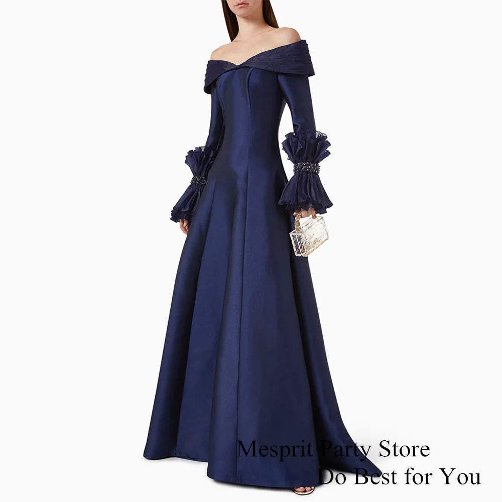 Navy Blue Satin Evening Dress Off Shoulder V Neck Pleat Beading Long Sleeve A Line