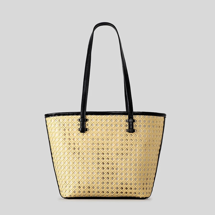Fashion Hollow Buckets Faux Rattan Woven Women Shoulder Tote Bags