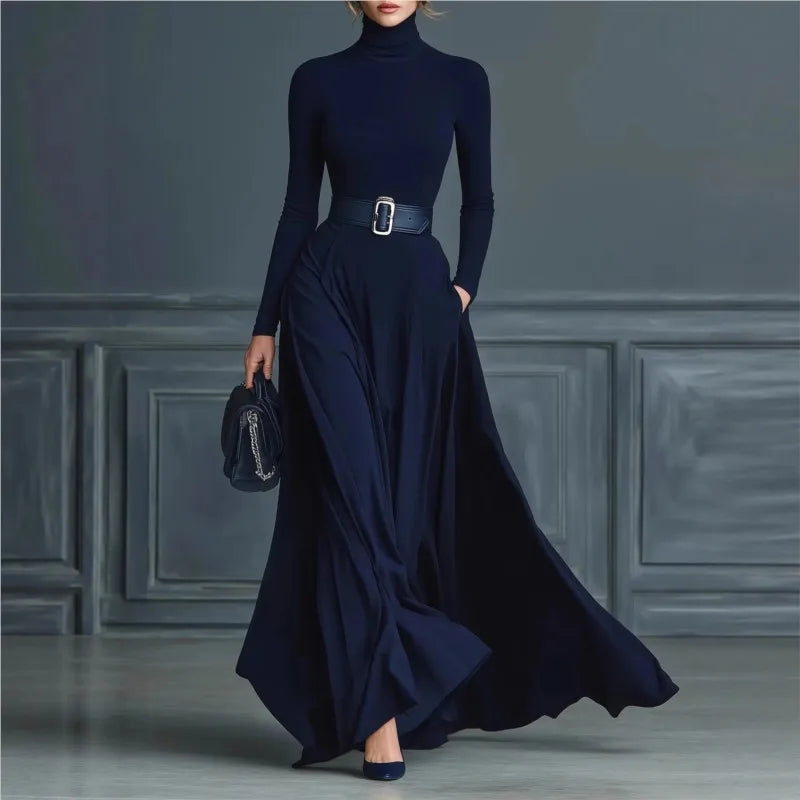 Elegant Half High Collar Knitted Long Sleeve Long Autumn Dress