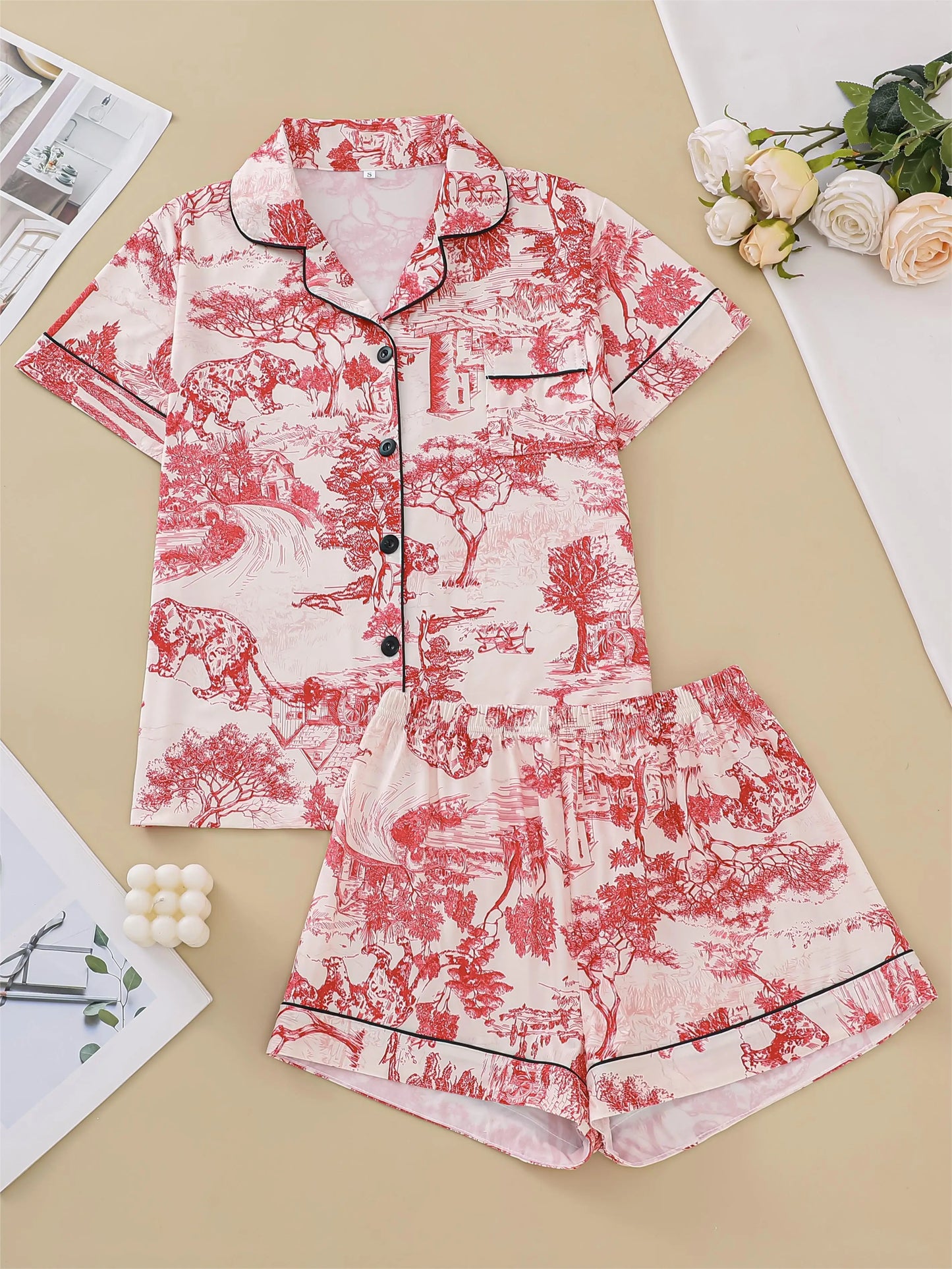Natural animal print comfortable pajama set short-sleeved lapel top and elasticated waistband shorts loungewear