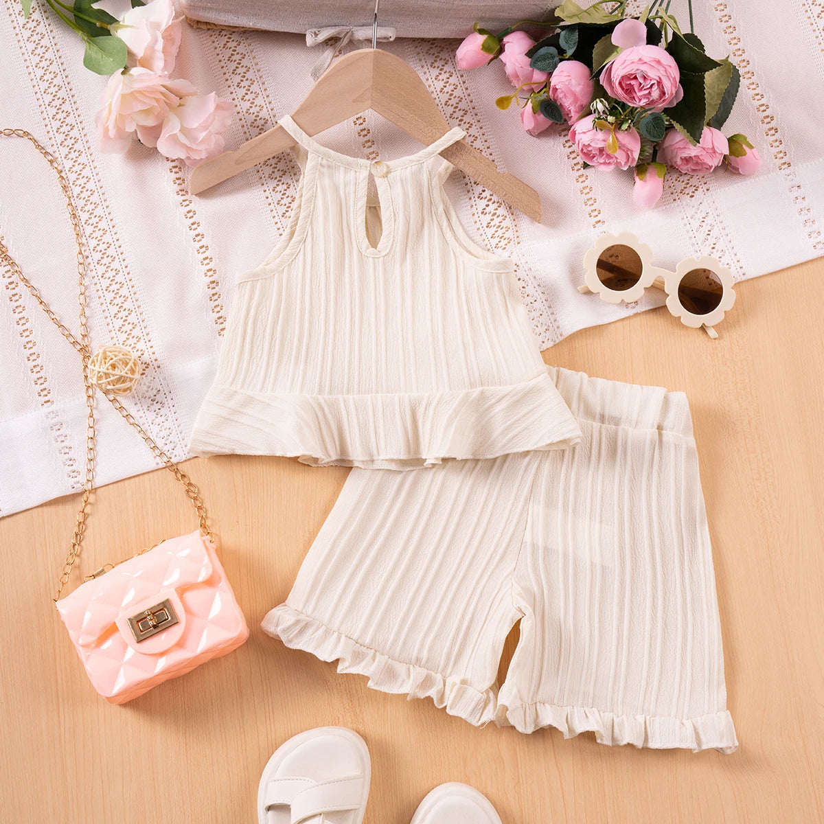 Summer Fashion Sleeveless Ruffle Tank Top & Shorts Solid Two-Piece Outfit Toddler Girl Set