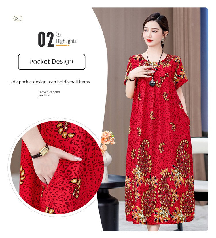 Noble over-the-Knee Middle-Aged Ladieswear Large Swing Noil Poplin Dress
