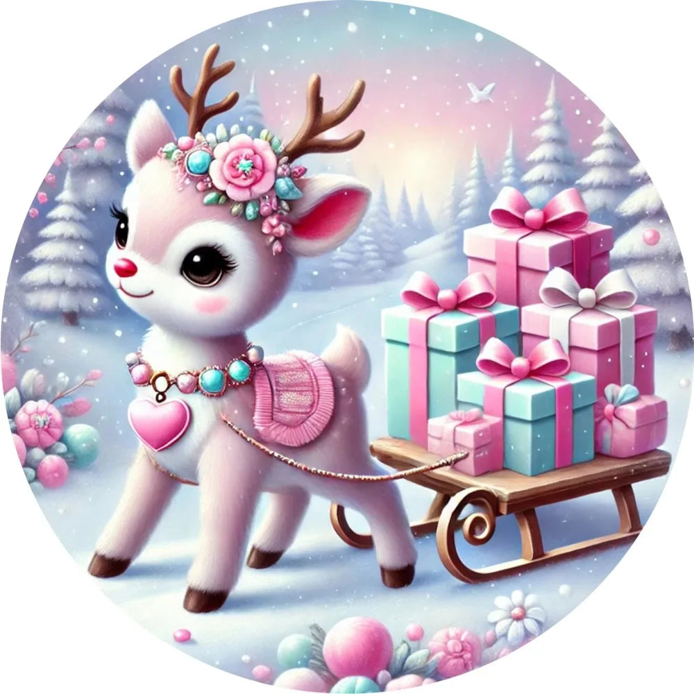 Vintage Pink Christmas Round Sign Foil Engraved Wall Art with Festive Deer, Sleigh & Holiday Gifts Design