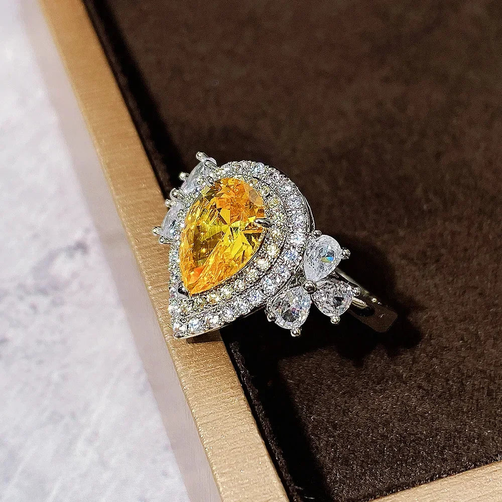 Fashion Luxury Ring Water Drop Pearl Shape Yellow color Zircon