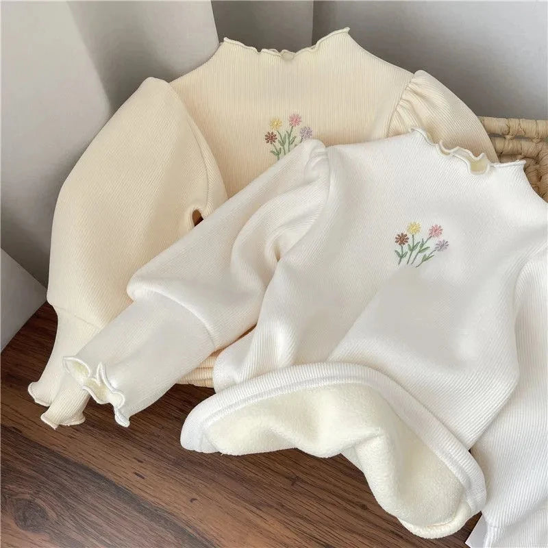 Girls Winter Warm Sweater with Puff Sleeve Flower Embroidery