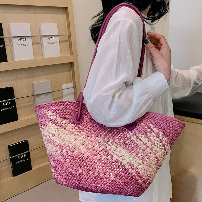 Color Straw Underarm Shoulder Bag, Summer Beach Vacation Travel Tote Bag