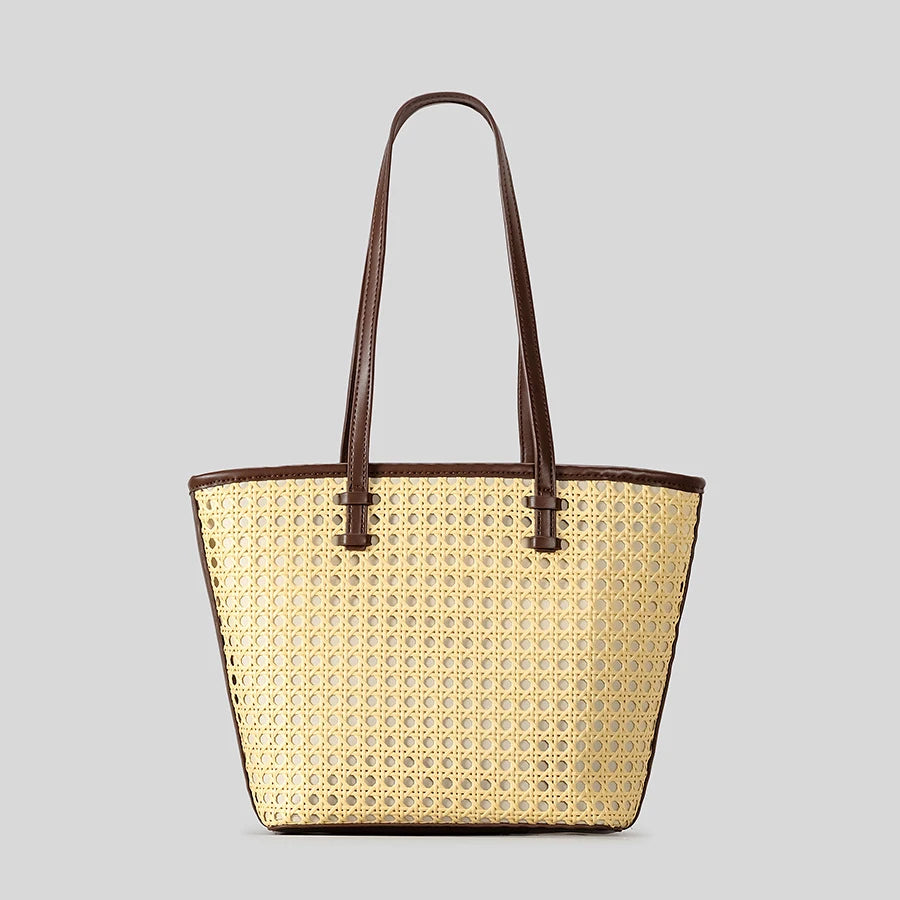 Fashion Hollow Buckets Faux Rattan Woven Women Shoulder Tote Bags