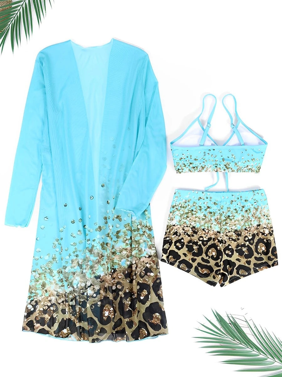 3 Pieces High Waist Bikini Printed Swimsuit Women & Kimono Swimwear